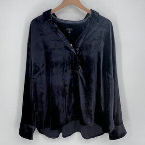 Talbots Womens Velvet Long Sleeve Popover Blouse Size 2X Indigo Blue Collared